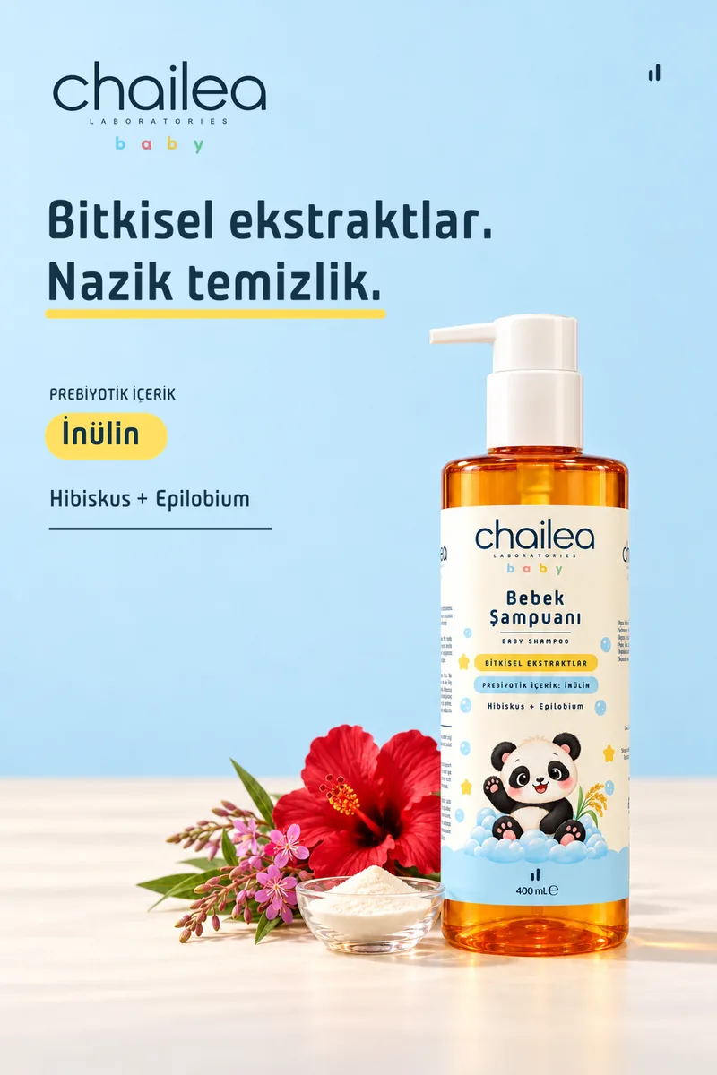 Bebek Şampuanı şişesi açık mavi zeminde; önünde kırmızı hibiskus çiçeği, epilobium dalı ve bir kâsede beyaz toz