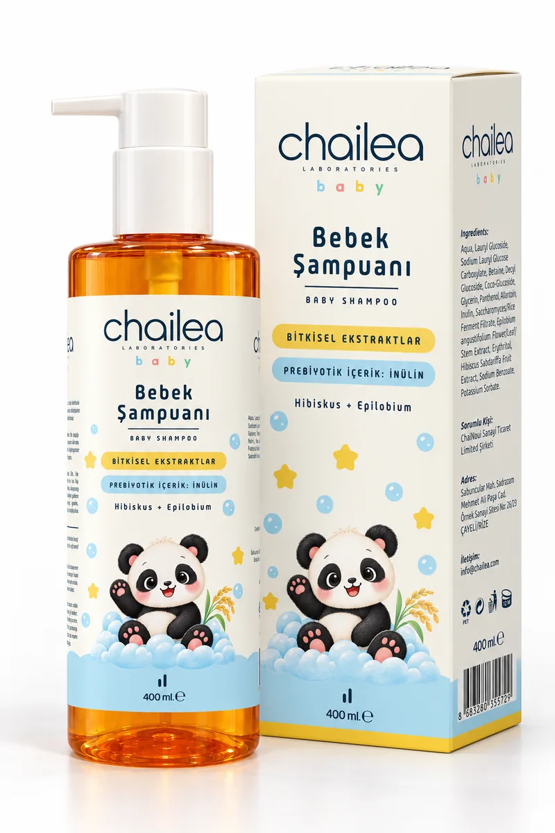 Chailea baby Bebek Şampuanı 400 ml: amber renkli pompalı şişe ve panda resimli kutusu, beyaz zemin