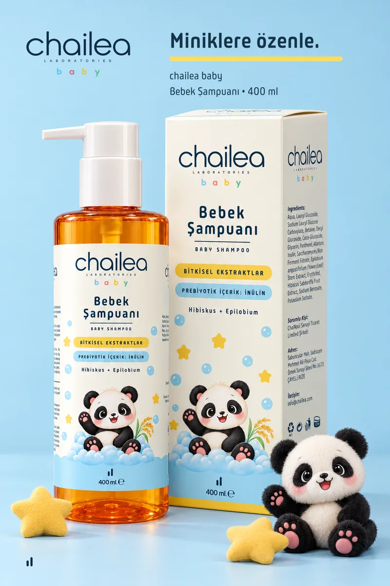 Bebek Şampuanı şişesi ve kutusu açık mavi zeminde; yanında peluş panda ve sarı yıldızlar