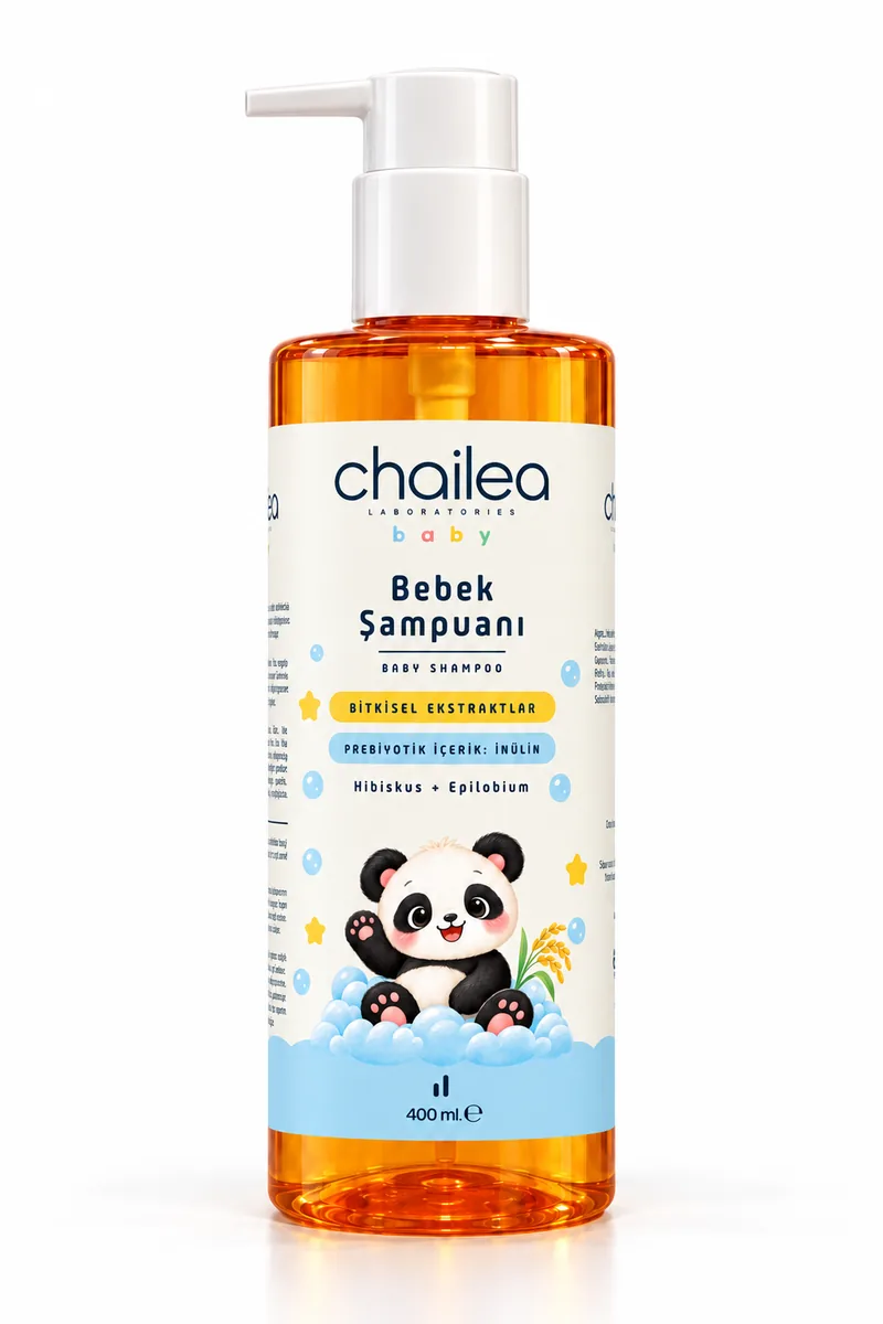 Bebek Şampuanı pompalı şişe; ön etikette bitkisel ekstraktlar, prebiyotik içerik inülin, hibiskus + epilobium ve panda resmi