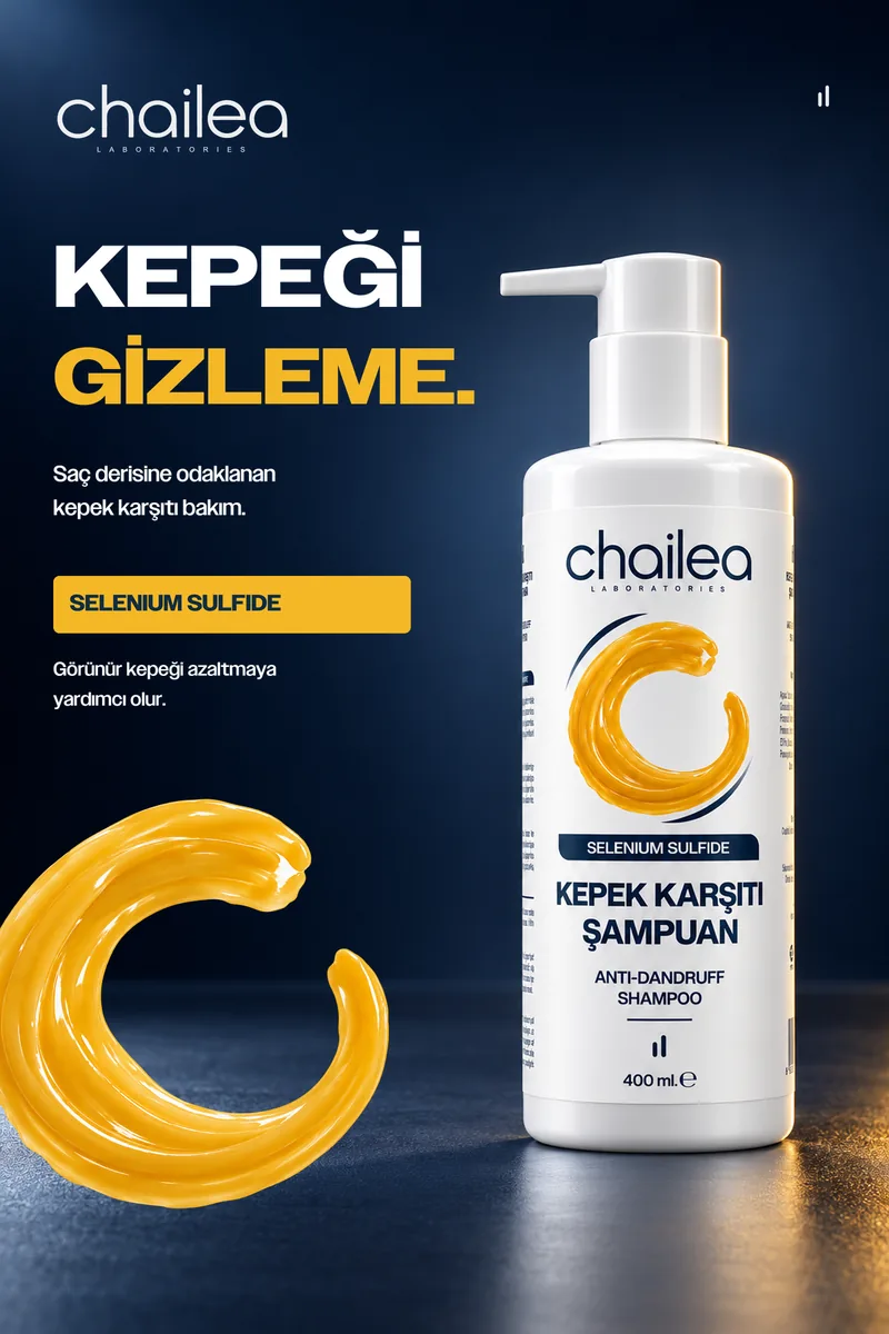 Kepek Karşıtı Şampuan koyu lacivert zeminde, önünde amber renkli şampuan izi; görselde “Kepeği gizleme” başlığı