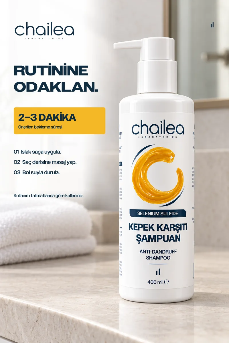 Kepek Karşıtı Şampuan banyo tezgâhında, yanında havlular; görselde kullanım adımları: ıslak saça uygula, saç derisine masaj yap, 2–3 dakika bekle, bol suyla durula
