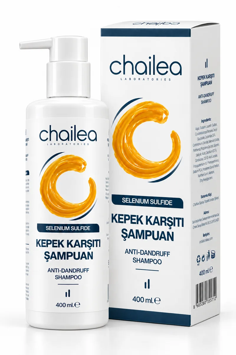 Chailea Laboratories Kepek Karşıtı Şampuan 400 ml: beyaz pompalı şişe ve lacivert şeritli kutusu, beyaz zemin