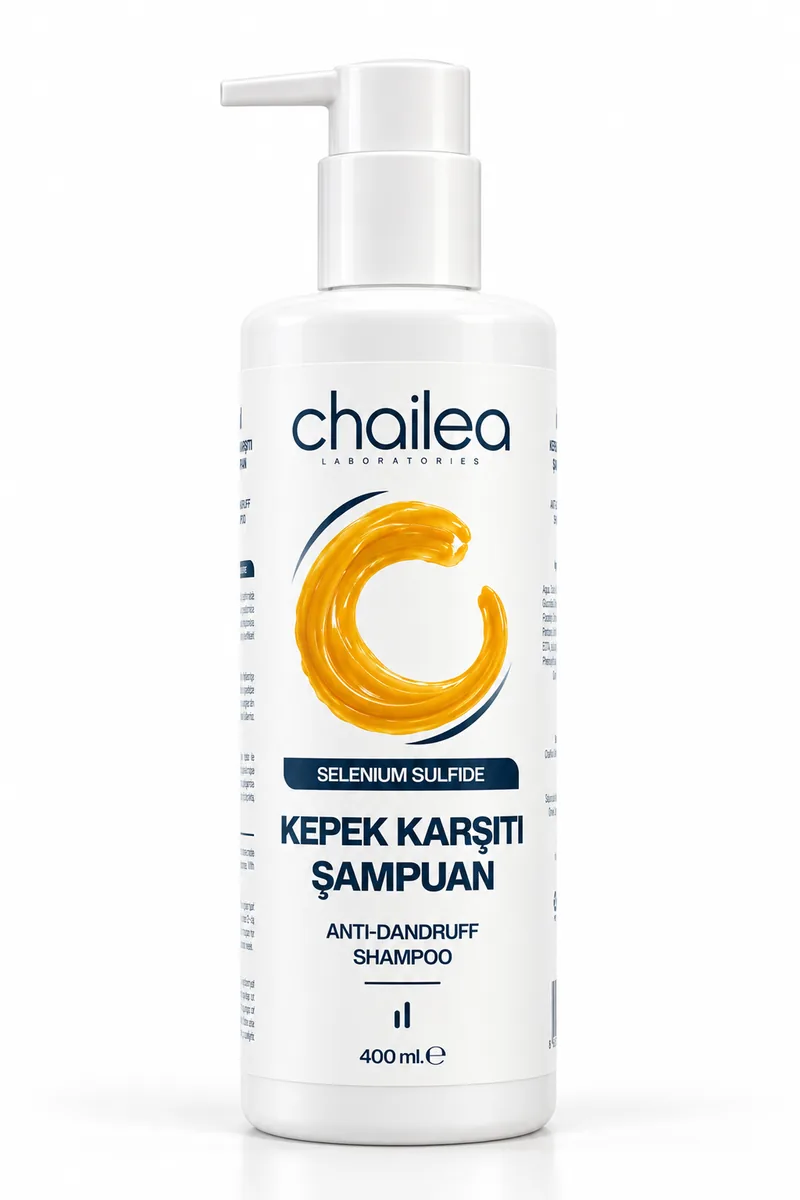 Kepek Karşıtı Şampuan pompalı şişe; ön etikette amber girdap, “Selenium Sulfide” şeridi ve 400 ml